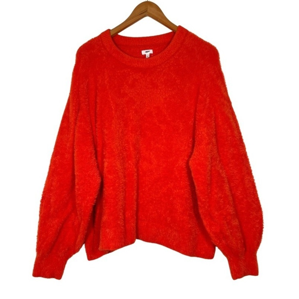 Aerie Womens Large Fuzzy Eyelash Knit Oversized Sweater Orange Red Crew Neck